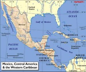 Puzzle Carte du Mexique et Amérique centrale. L'Amérique centrale, sous-continent reliant l'Amérique du Nord et l'Amérique du Sud