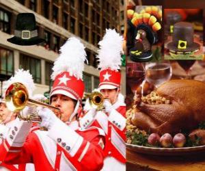 Puzzle Célébration de Thanksgiving avec la dinde traditionnelle et le chapeau typique des Pilgrims. Aux États-Unis a lieu le quatrième jeudi de Novembre