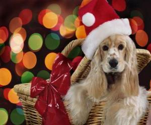 Puzzle Chien avec Père Noël chapeau dans un panier