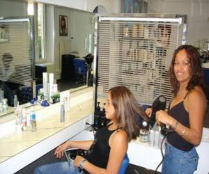 Puzzle Coiffeur en paignant et en séchant des cheveux à une costumer dans le salon de coiffure ou salon de beauté