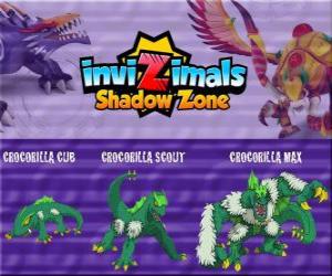 Puzzle Crocorilla Cub, Crocorilla Scout, Crocorilla Max. Invizimals Shadow Zone. Une créature puissante nocturne qui vit dans les lacs africains