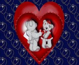 Puzzle Deux ours dans l'amour avec deux coeurs