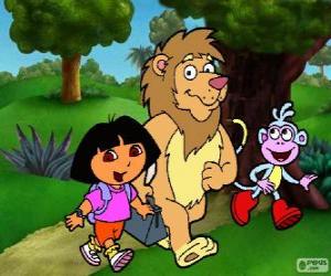 Puzzle Dora, Babouche et le lion dans le parc