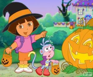 Puzzle Dora et le singe Babouche célébrer Halloween