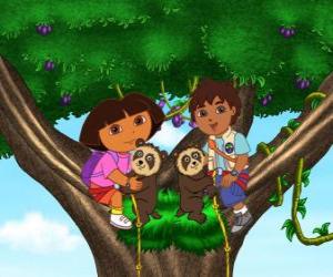 Puzzle Dora et son cousin Diego dans un arbre, deux petits ours aider