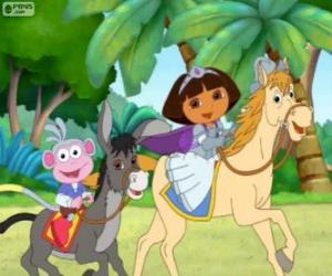 Puzzle Dora et son singe Babouche sur un cheval