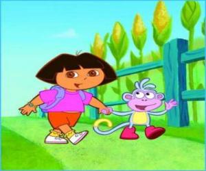 Puzzle Dora, la fille exploratrice, à côté du singe Babouche explorant