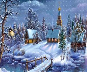 Puzzle Eglise à Noël avec le sapin sous les étoiles