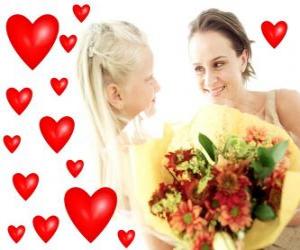 Puzzle Fille avec un bouquet de fleurs pour sa mère et des coeurs rouges