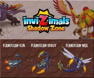 Puzzle Flameclaw Cub, Flameclaw Scout, Flameclaw Max. Invizimals Shadow Zone. Cette créature ressemblant à un scorpion est le roi du désert égyptien