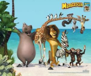 Puzzle Gloria l'hippopotame, Melman la girafe, Alex le lion, Marty le zèbre avec d'autres protagonistes de les aventures