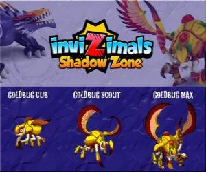 Puzzle Goldbug Cub, Goldbug Scout, Goldbug Max. Invizimals Shadow Zone. Scarabée d'or vient de l'ancienne Egypte des Pharaons. Invizimal vite et fort