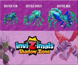 Puzzle Gotica Cub, Gotica Scout, Gotica Max. Invizimals Shadow Zone. Petite Invizimal mais avec un pouvoir immense, Gotica est redouté par tous dans la jungle mexicaine