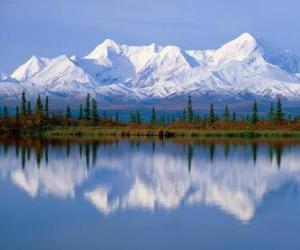 Puzzle Grand lac avec les sapins de la forêt et les montagnes en toile de fond