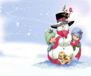 Puzzle Groupe d'enfants et un chien jouant pour faire un bonhomme de neige