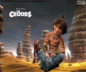 Puzzle Guy, un adolescent plein d'esprit qui montre un monde nouveau à la famille Croods