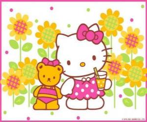 Puzzle Hello Kitty avec une boisson à la campagne avec son ours en peluche Tiny Chum