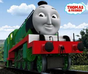 Puzzle Henry, la locomotive vert long et rapide avec le nombre 3