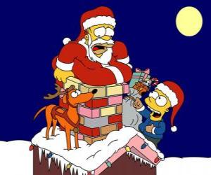 Puzzle Homer et Bart Simpson aident le Père Noël avec des cadeaux