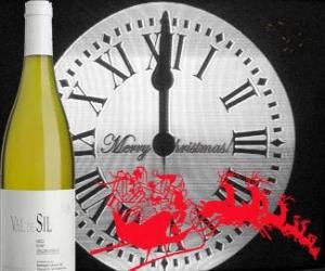 Puzzle Horloge à 12 heures du soir, une bouteille de vin et le traîneau du père noël