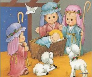 Puzzle Jésus dans la crèche avec Joseph, Marie et un berger avec ses moutons