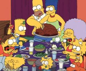 Puzzle La famille Simpson sur le jour de Thanksgiving, où les familles se rassemblent pour manger