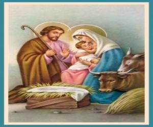 Puzzle La Sainte Famille - Joseph, la Vierge Marie et l'enfant Jésus dans la crèche avec le boeuf et le mulet