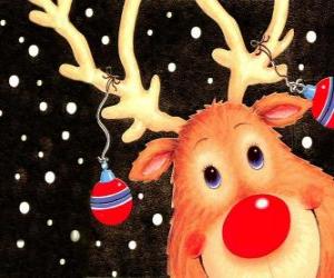 Puzzle La tête de Rudolf, le renne au nez rouge, ornée de décorations de Noël