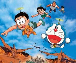 Puzzle Le chat Doraemon avec des amis Nobita, Shizuka, Suneo et Takeshi