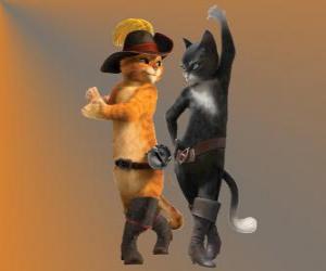 Puzzle Le Chat potté danse avec Kitty le chatte