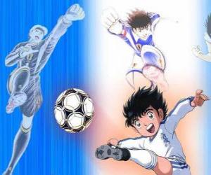 Puzzle Le footballeur Olive et son amie Genzo Wakabayashi qui joue comme gardien de but