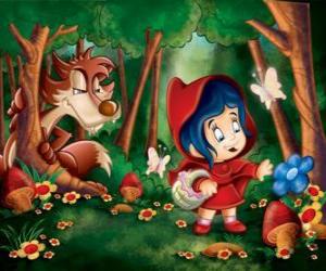 Puzzle Le Petit Chaperon rouge dans la forêt avec le loup caché parmi les arbres