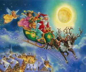 Puzzle Le traîneau de Santa Claus volant au-dessus des maisons au cours de la veille de Noël