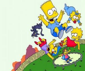 Puzzle Les frères Simpson avec des amis Milhouse et Nelson sautant sur un trampoline