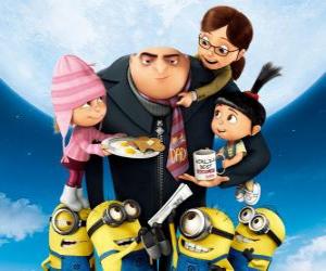 Puzzle Les protagonistes du film Moi, moche et méchant ou Détestable moi. Le super-vilain Gru et ses minions; et Margo, Édith et Agnès, trois orphelines