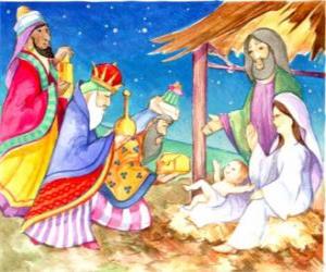Puzzle Les Trois Rois d'Orient offrint leurs dons, de l'or, l'encens et la myrrhe, l'Enfant Jésus