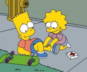 Puzzle Lisa Simpsons guérir son frère Brat, après être tombé dans une planche à roulettes