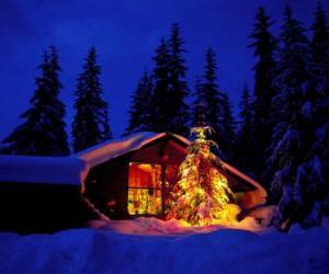 Puzzle Maison avec un grand arbre de Noël décoré dans le jardin