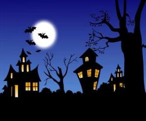 Puzzle Maison hantée à l'Halloween - Pleine lune, chauves-souris