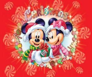 Puzzle Mickey et Minnie Mouse abris avec chapeaux de Santa Claus 