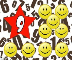 Puzzle Nombre 9 en étoile avec neuf smiles ou sourires