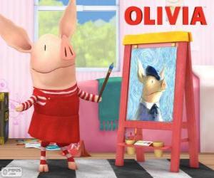 Puzzle Olivia le petit cochon peindre un portrait