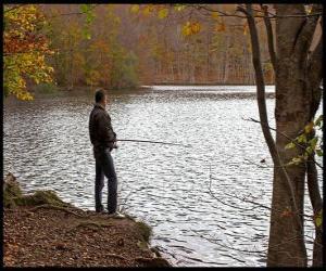 Puzzle Pêche - Pêcheur en rivière dans un paysage forestier