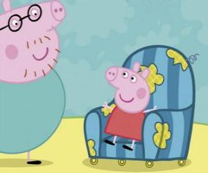 Puzzle Peppa Pig assis dans le fauteuil ancien de son père