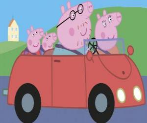 Puzzle Peppa Pig avec sa famille dans la voiture: Cochon Papa, Maman Cochon et Cochon George, son jeune frère