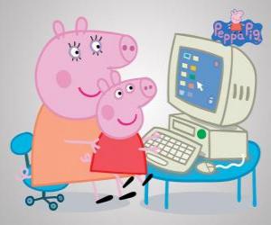 Puzzle Peppa Pig et sa mère à l'ordinateur