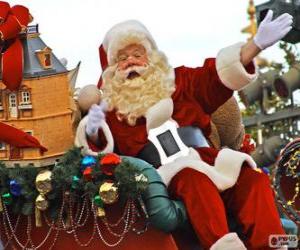 Puzzle Pére Nöel en agitant sa main du traîneau magique chargé de cadeaux