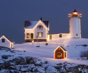 Puzzle Phare et le maison gardien de phare avec les décorations de Noël