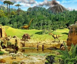 Puzzle Plusieurs dinosaures avec un volcan en éruption dans l&#39;arrière-plan