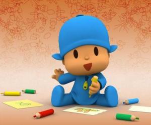 Puzzle Pocoyo assis sur le sol et faire un dessin sur une feuille de papier